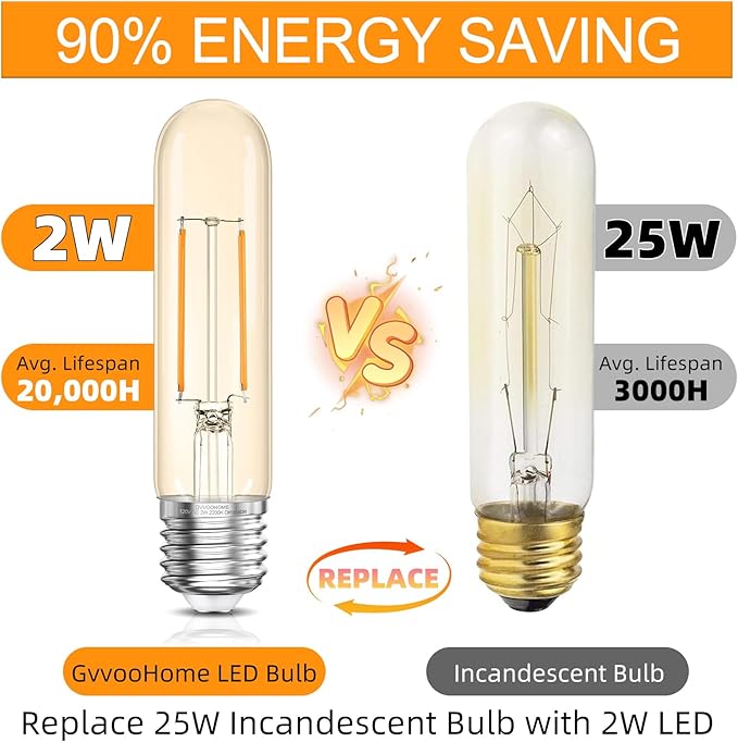 Tubular LED Edison Bulb 2200K Amber Warm Dimmable, 2W, 25 watt Equivalent, E26 LED Light Bulbs, T10 Edison Bulbs for Chandeliers, Ceiling Fan, 90+CRI 250LM, 6 Pack