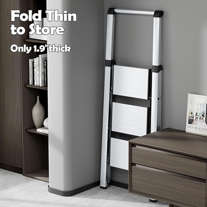 Taranta 3 Step Ladder, Portable Folding Ladder with Wide Pedal, Lightweight Aluminum Step Stool with Convenient Handgrip, 330 lbs Capacity Stepladder for Home, Office - Silver