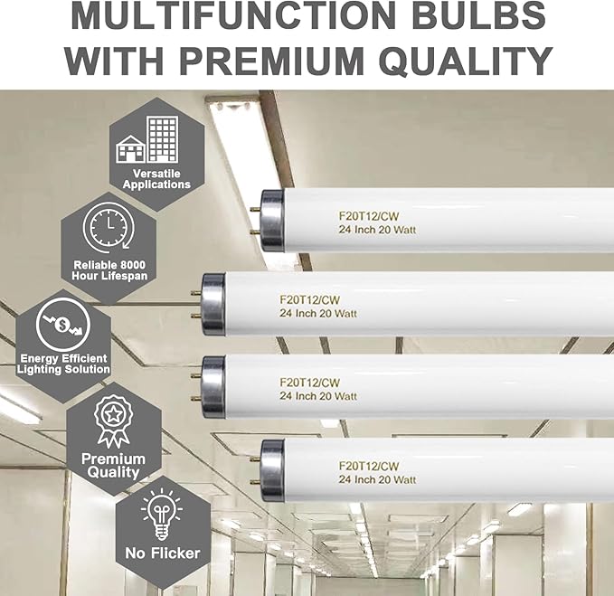 24 Inch T12 Fluorescent Tube Light Bulb 20 Watt Cool White, F20T12/CW 4100K Replacement for F20T12/CW/ALTO, F20T12/CW/ECO, F20T12/SP41/ECO G13 Base 1200 Lumens 4 Counts