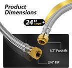 50 Pack Foskan 24-Inch Flexible Water Heater Connector Hose,with 1/2" Push-Fit x 3/4" FIP,Compatible with Copper, PEX, CPVC, and PE-RT Pipes for Water and Heating Use（24" Length）