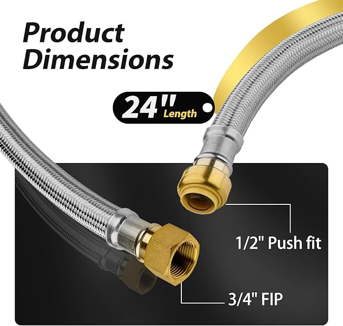 1 Pack Foskan 24-Inch Flexible Water Heater Connector Hose,with 1/2" Push-Fit x 3/4" FIP,Compatible with Copper, PEX, CPVC, and PE-RT Pipes for Water and Heating Use（24" Length）