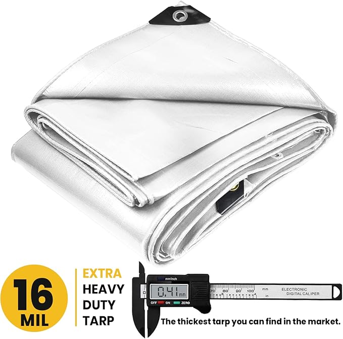 PROTARP Extra Heavy Duty 16 Mil Tarp Cover, Waterproof, UV Resistant, Rip and Tear Proof, Poly Tarpaulin with Reinforced Edges for Roof, Camping, Patio, Pool, Boat. (White 30′ X 50′)