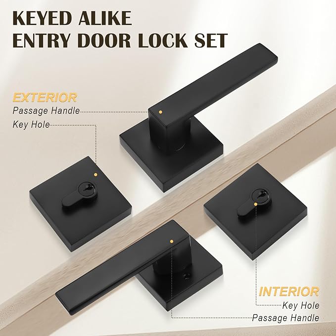 3 Pack Keyed Entry Door Lock with Deadbolt Set, Reversible Passage Lever and Keyed Alike Double Cylinder Deadbolt, Matte Black Square Handleset for Bedroom, Front Door