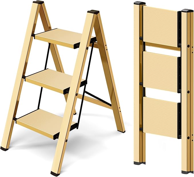 Taranta 3 Step Ladder,Aluminum Lightweight Folding 3 Step Stool with Anti-Slip Wide Pedal,330lbs Capacity Step Ladder for Household,Kitchen,Office - Gold