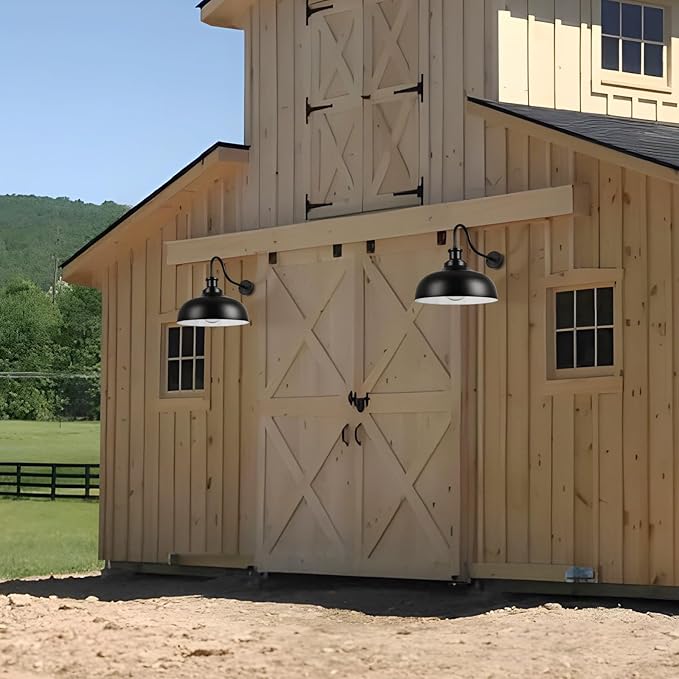 Outdoor Gooseneck Barn Light,16 Inch Dome Wall Sconce Farmhouse Exterior Mount Light Vintage Lighting Fixture Industrial Lantern, Entryway, Garage, 2 Pack, Black+White, (RZ007L-2 BK+WH)