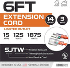Iron Forge Cable Weatherproof 6 Ft Outdoor Extension Cord - 14/3 SJTW 15 Amp Heavy Duty Orange Extension Cord 3 Prong - Lighted End
