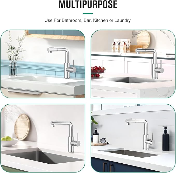 CREA Sink Faucets with Sprayer - Pull Out Bathroom Faucet - Single Hole 1 Handle Bar Faucets for Mini Pre Sink RV Outdoor Laundry Room - Chrome Stainless Steel