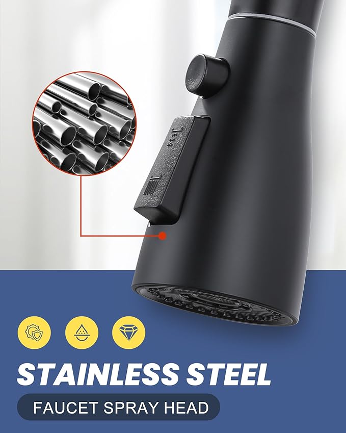 Metal Kitchen Faucet Head Replacement: 3-Function Pull Down Spray Nozzle with 9 Adapters, Sink Sprayer Replacement Compatible with Moen, Delta, American Standard Faucets, Matte Black