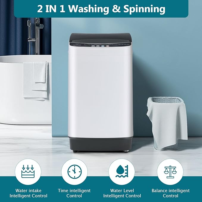 1.9 Cu.Ft Portable Washing Machine, Full-Automatic Electric Laundry Machine with 10 Programs, Compact Clothes Wash and Spin Combo with Stainless Steel Drum, Drain Hose for Apartment, Dorm,Home