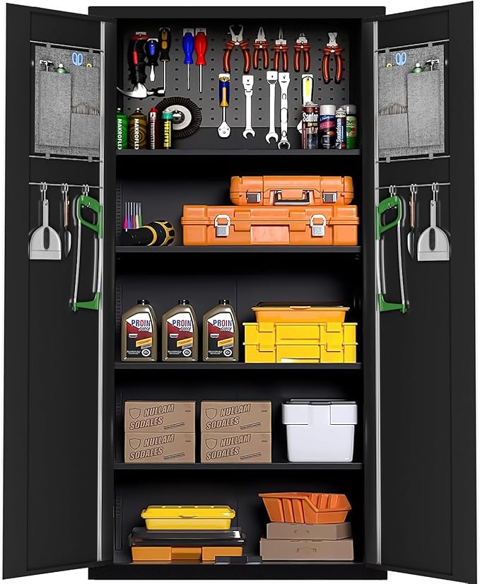 Greenvelly Metal Garage Storage Cabinet with with Pegboard,Black Tool Steel Cabinet with Doors and Adjustable Shelves, Tall Lockabke Garage Cabinet for Home Office, Garage, School,Pantry(36x18)