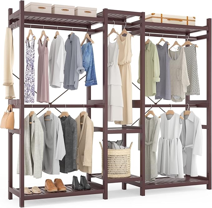 Homykic Bamboo Closet System Clothes Rack, Large Freestanding Garment Rack Clothing Rack for Hanging Clothes with 7 Storage Shelves and 5 Rods, Open Wardrobe Organizer with 4 Hooks, Espresso