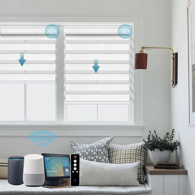 SmartWings Motorized Zebra Shades Work with HomeKit, Alexa, Google Home, 90% Blackout Light Filtering Day Night Sheer Blinds, Privacy Light Control, for Home/Office, Customized, Grevish White