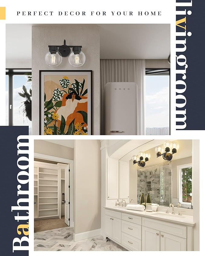 EAPUDUN 2-Light Matte Black Bathroom Light Fixtures Over Mirror, Vanity Lights for Bathroom with Clear Glass Shades, Industrial Wall sconces, WLA1434-BK