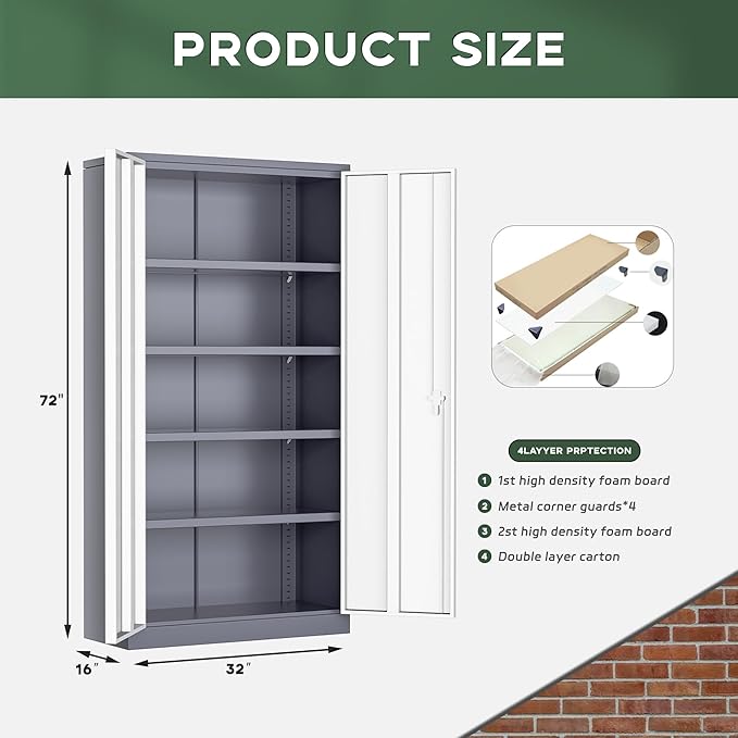 Greenvelly Metal Storage Cabinet with 2 Doors and 4 Adjustable Shelves, Lockable Steel Tool Cabinet for Home, Office, Garage, Classroom (Grey White)