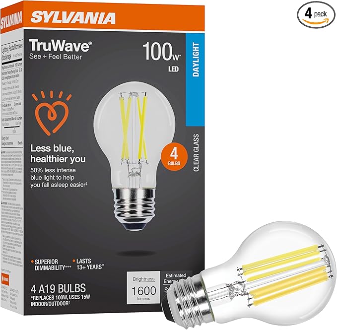 Sylvania LED TruWave Natural Series A19 Light Bulb, 100W Equivalent, Efficient 15W, 1600 Lumens, Medium Base, Dimmable, Clear, 5000K, Daylight - 4 Pack (42273)