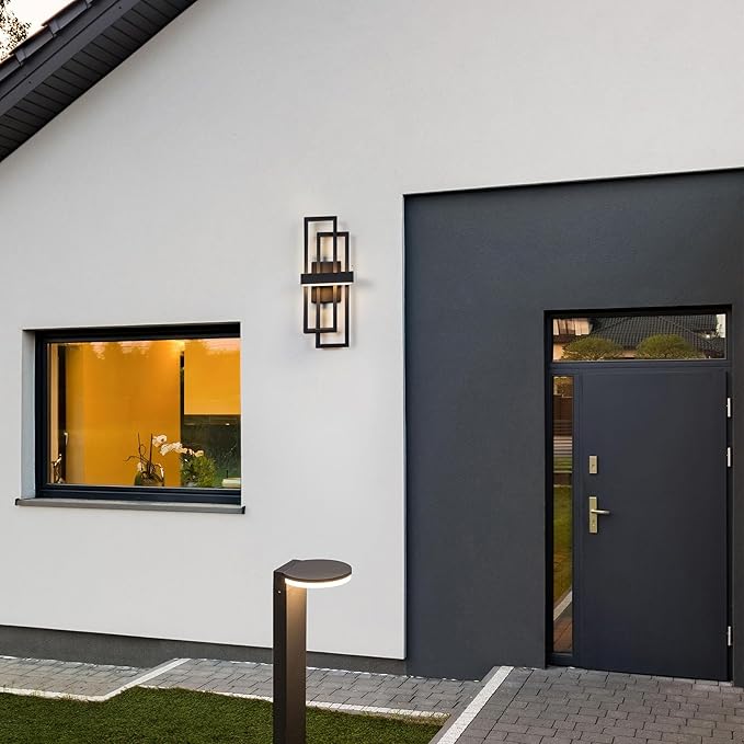 LamQee 2 Pack 20" Modern Outdoor Wall Light, Integrated LED 1000LM Exterior Lighting Fixture Rectangle Outdoor Sconce, Matte Black Metal Wall Mount Porch Light Outside Lamp for House Garage Door Patio