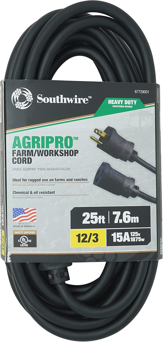 Southwire AGRIPRO 12/3 Heavy Duty Extension Cord, 25ft, Farm/Workshop Cord, SJTOW, Black, 67729001