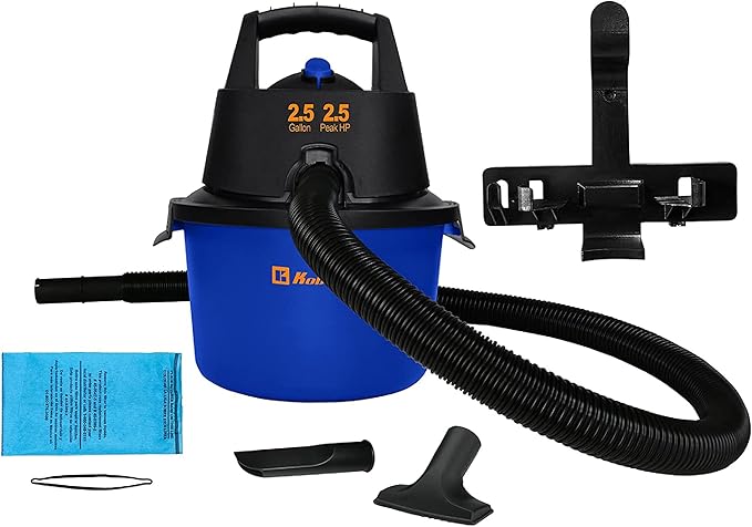 Koblenz WD-2.5L Portable Wet Dry Vacuum, 2.5-Gallon 2.5 PHP Suction Plus Blower Vacuum Cleaner for Liquids, Dust, Pet Hairs, 10’ Reach, For Car Cleaning, Wall-Mount Support, Parts Included, Blue/Black