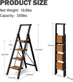 4 Step Ladder,Lightweight Folding Step Stool with Aluminum Wide Pedal& Convenient Handgrip,330lbs Capacity Steel Ladder for Household and Office(Black &Woodgrain)