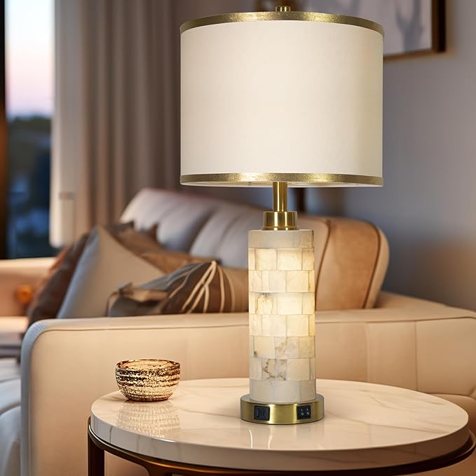 27" Natural Alabaster Table Lamps Set of 2, Lamps for Living Room Bedroom,Bedside Lamps with Night Light,Nightstand Lamp with USB A+C Ports,Modern Table Lamp with Linen Shade (Bulbs Included)