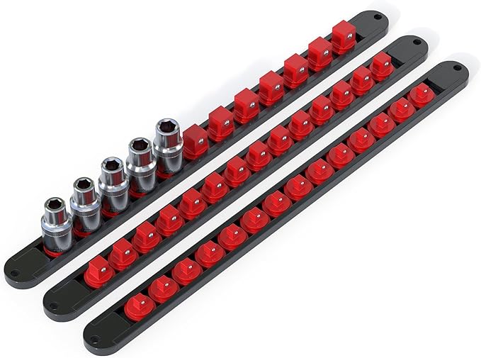 FivePears 3PCS 360° Socket Organizer Twist Lock,3/8 1/4 1/2 Socket Storage Rails, Premium Quality Socket Holders for Tool Box ，Tool Carts，Contains up to 40 Clips (Blue, Red and Black)