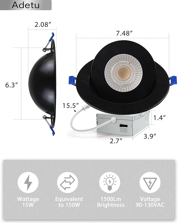 Adetu Recessed Lighting 6 inch, 360°+90° Adjustable Directional 6 inch 5CCT Gimbal Black Led Recessed Lighting, 2700K-5000K Dimmable Retrofit Eyeball Can Recessed Lights with Jbox, ET，Black (6 Pack