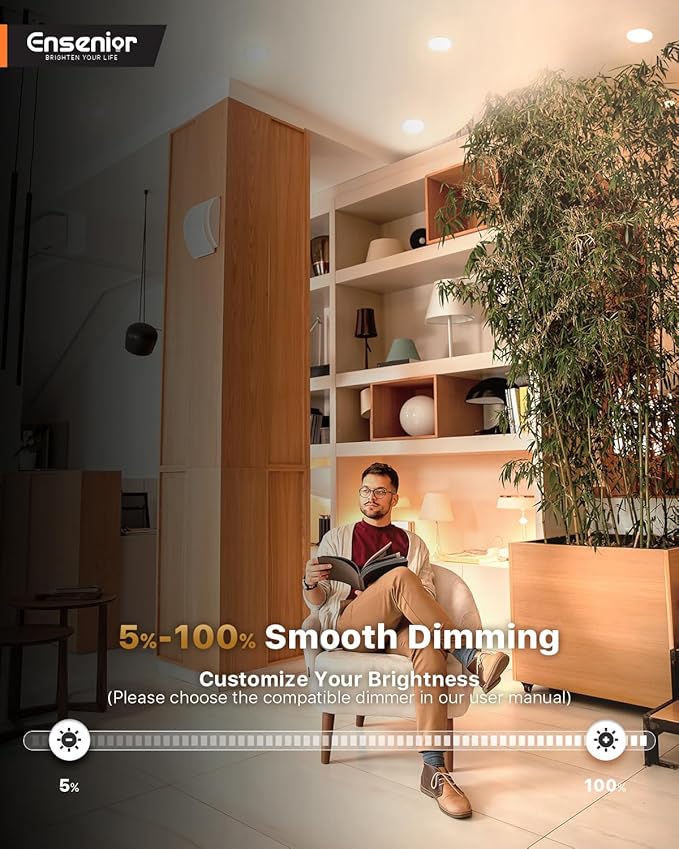 Ensenior 5/6 Inch 5CCT LED Can Lights 12 Pack, Retrofit Led Recessed Lighting, Baffle Trim, Dimmable, 9W=110W, 1000LM, 2700K/3000K/3500K/4000K/5000K Selectable, IC Rated - ETL & FCC