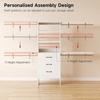 8FT Closet System, 96'' Closet Organizer System with 3 Hanging Rods, Wall Mount Bedroom Wardrobe with 3 Drawers Walk-in Closet, Adjustable Cloth Garment Rack from 5 to 8FT (Cut to Fit), White