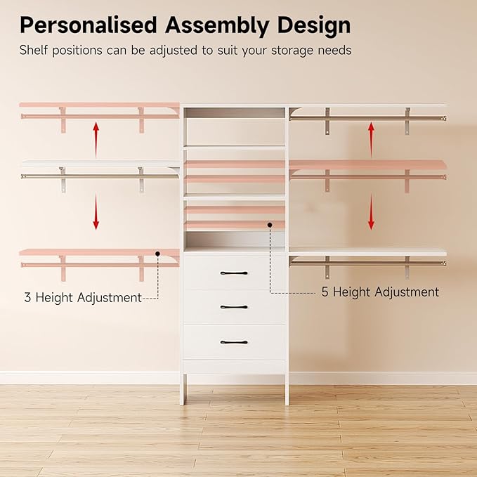 8FT Closet System, 96'' Closet Organizer System with 3 Hanging Rods, Wall Mount Bedroom Wardrobe with 3 Drawers Walk-in Closet, Adjustable Cloth Garment Rack from 5 to 8FT (Cut to Fit), White