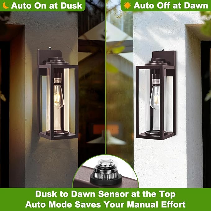 Dusk to Dawn Outdoor Wall Light Fixtures - 2 Packs Exterior Waterproof Outdoor Lighting, Modern Porch Sconces Wall Mounted Lighting, Industrial Anti-Rust Matte Outside Lantern for Front Door