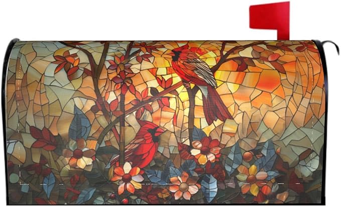 Giwawa Stained Glass Cardinal Birds Mailbox Covers Magnetic for Fall Mailbox Cover Autumn Mail Box Covers Standard Size 18 x 21 Thanksgiving Decorations Outdoor Welcome Mailbox Wrap
