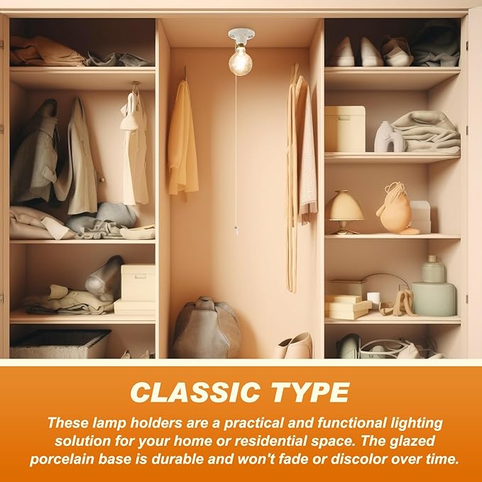 4 Pcs Porcelain Light Socket with Pull Chain White Bulb E27/E26 Socket Porcelain Outlet Box Mount Ceiling Light Fixture for Indoor Garage Closet Lighting