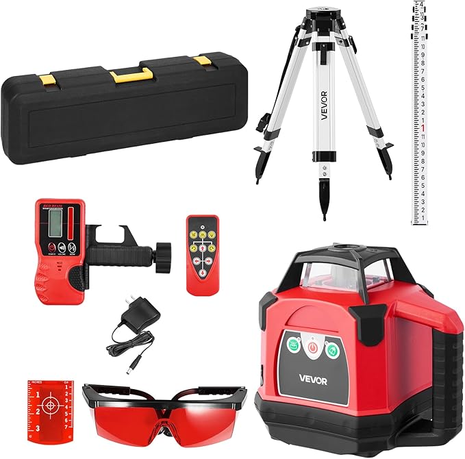 VEVOR Rotary Laser Level Kit, 1650ft 360-Degree Self Leveling Red Horizontal Laser Transit,with Heavy-duty Tripod, Receiver, Remote Control, Toolcase, IP54 Waterproof, 0.06 in/100 ft for Construction