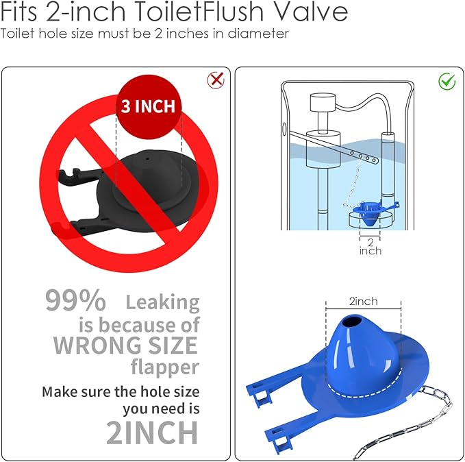 2-Pack Universal 2" Toilet Flapper Replacement Kit - Durable Rubber & Stainless Steel Chain (Blue)