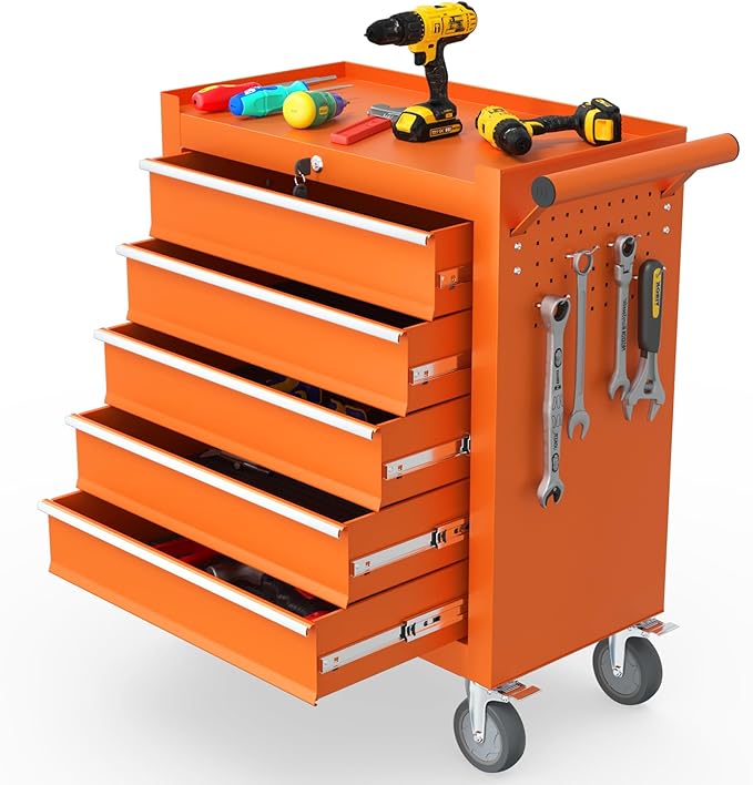 5-Drawer Rolling Tool Chest, Tool Box with 4 Wheels and Drawers, High Capacity Detachable Mobile Tool Storage Cabinet for Garage, Workshop, Mechanics and Repair Room (Orange)