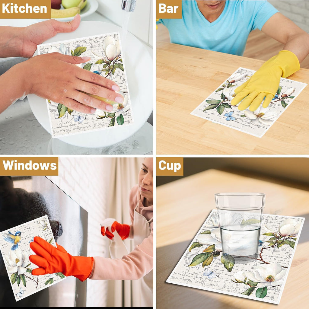 Floral and Birds Swedish Dishcloths for Kitchen, 6 Pack Vintage Flower Reusable Paper Hand Dishing Towels Housewarming Gifts, Absorbent Dish Rags Decoration for Home Cooking Cleaning