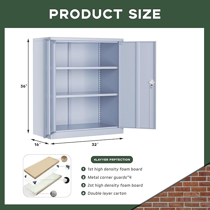 Greenvelly Metal Storage Cabinet, 36" Locking Storage Cabinet with Doors and Shelves, Lockable Storage Cabinets for Home Office, Utility Locker Cabinet, Steel Garage Cabinet with 2 Keys, Dark Grey