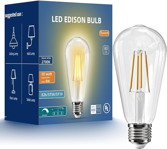 Jensense Edison LED Light Bulbs 8Watt Dimmable, 2700K Warm White, E26 Base, 60W Equivalent, Vintage Style, 800lm, CRI 90, Clear Glass, 1 Pack