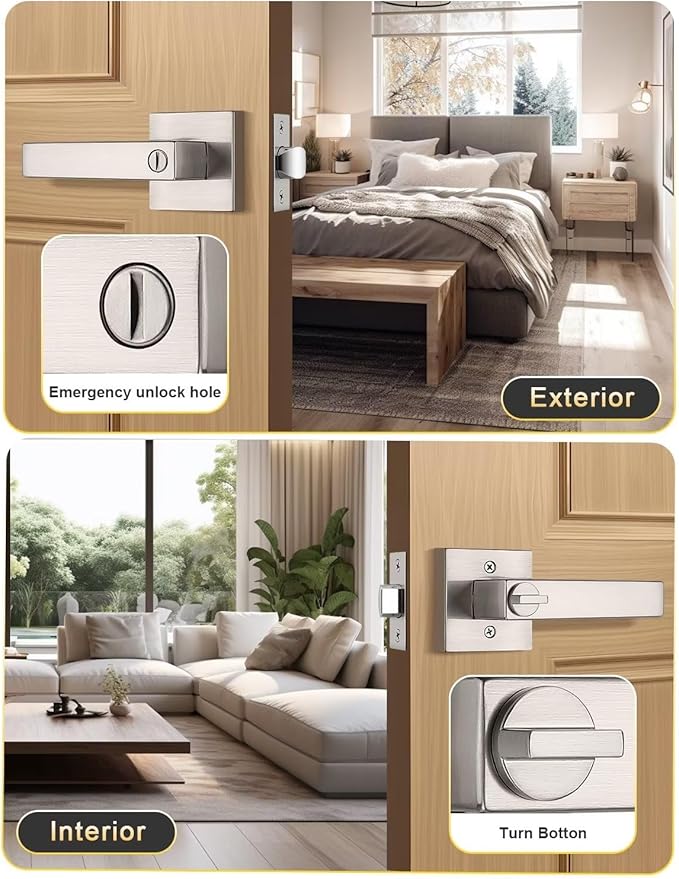 Privacy Square Brushed Nickel Door Handles Interior, Keyless Door Knobs for Bedroom/Bathroom, Reversible for Left Right Handed Doors, 1 Pack