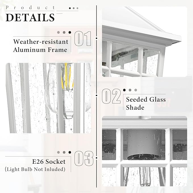 Darkaway Outdoor Wall Lights for House, Exterior Lighting Fixtures Wall Mount Outdoor Porch Lights Waterproof White Outdoor Sconce Lights with Seeded Glass for Patio Hallway Garage