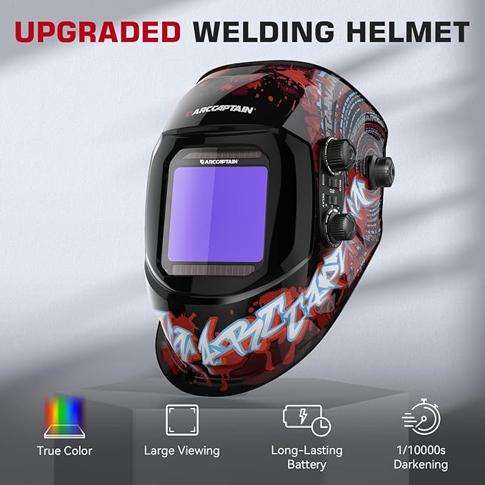 ARCCAPTAIN 3.94"X3.66" Large Viewing Screen Welding Helmet True Color Auto Darkening Solar Powered 4 Arc Sensor Welding Hood, Wide Shade 4-5/5-9/9-13 for ARC TIG MIG Welding Mask(Bloodshed Design)