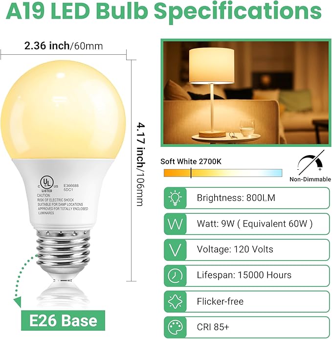 VOLIVO 24 Pack LED Light Bulbs, 60 Watt Equivalent A19 LED Bulb, Soft White 2700K, 9W E26 Standard Base, UL Listed 800 Lumens 120V, Non-Dimmable, Energy Saving Lightbulbs for Bedroom Indoor