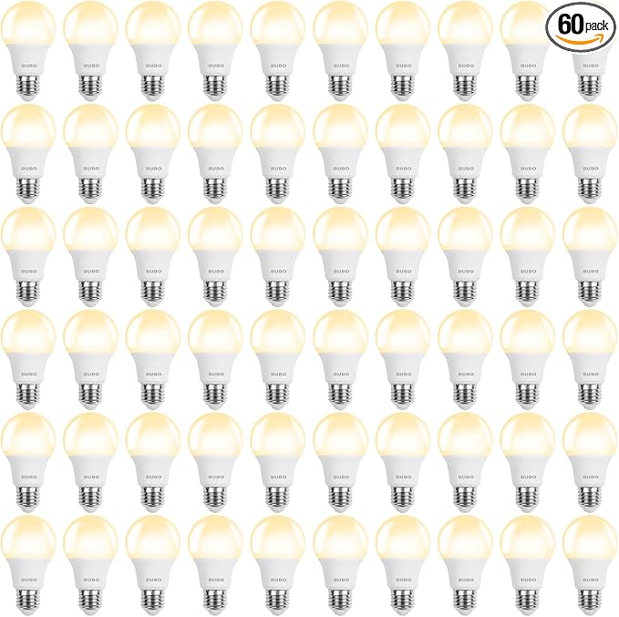 BUBO 60 Pack A19 LED Light Bulbs, 60 Watt Equivalent LED Bulbs, Soft White 2700K, 800 Lumens, E26 Standard Base, Non-Dimmable, 8W Soft White LED Bulbs for Bedroom Living Room Home Office