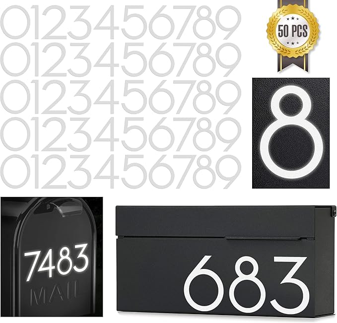 3 inch Reflective Mailbox Numbers Sticker (0-9, 5 Sets) Modern Number Vinyl Waterproof Number Self Adhesive Sticker for Signs, Door, Cars, Trucks, Home, Business, Address Number