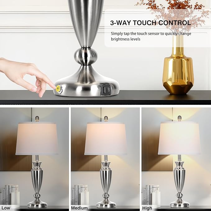 27" Silver Table Lamps for Living Room Single, 3 Way Touch Control Bedside Lamps with USB A+C Ports, Modern Brushed Nickel Bedroom Lamp, Metal Tall Lamp for Nightstand Desk Side Table Office