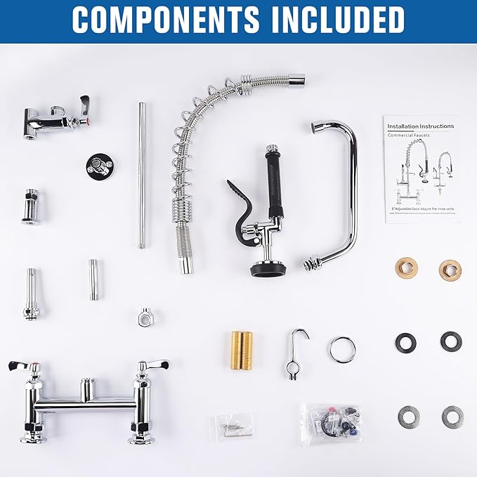 21" Height Commercial Sink Faucet Deck Mount with Pre-Rinse Sprayer, Commercial Kitchen Faucet with 8" Add-on Swing Spout Faucet & Spring Pull Down Sprayer, 8" Adjustable Center Kitchen Faucet