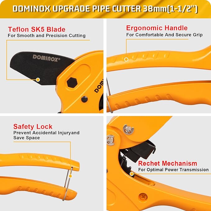 DOMINOX 1 1/4'' Ratchet Type Pipe Cutter, Suitable for professional plumbers and DIY Home worker, Suitable for cutting Pex, PVC and PPR plastic hoses and Plumbing Pipe.
