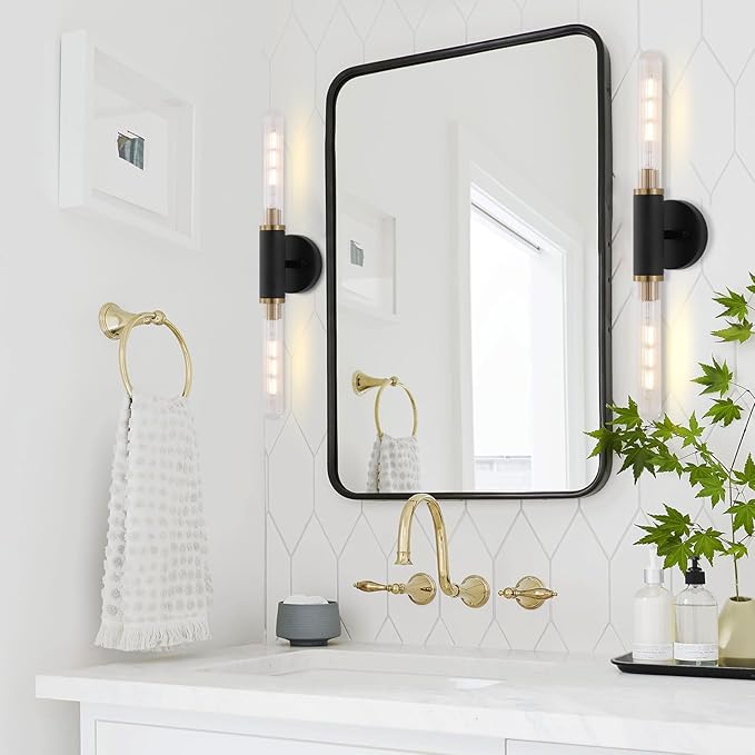 Modern Wall Sconces 24" Knurled Texture Cylinder Bathroom Vanity Lights Fixtures with Clear Striped Glass Shade 2-Lights Brushed Brass Gold Black Indoor Wall Lighting for Bedroom Hallway