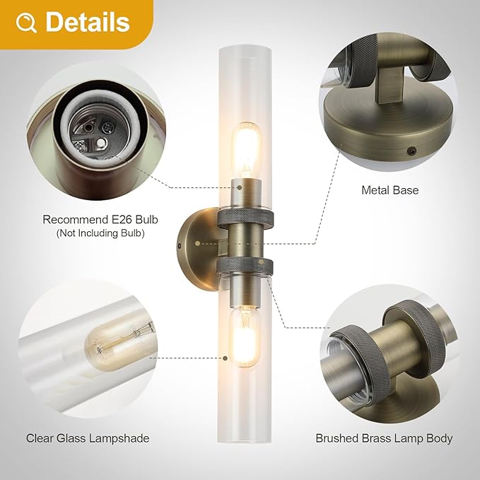 2 Light Bathroom Vanity Light Brushed Bronze, Bathroom Light Fixtures Side Mirror,Hallway Vanity Lights Fixtures, Modern Wall Lamp for Bedroom with Glass Shade