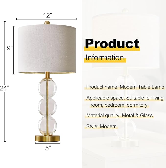 Oneach 24" Glass Table Lamps Set of 2, Gold Modern Table Lamps with USB Ports for Living Room, Linen Shade Bedside Lamps for Bedroom, Nightstand, Side Table (Bulbs not Included)